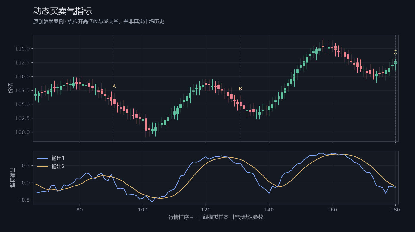 动态买卖气指标原创模拟行情图,标出甲乙丙观察位置、价格与指标输出