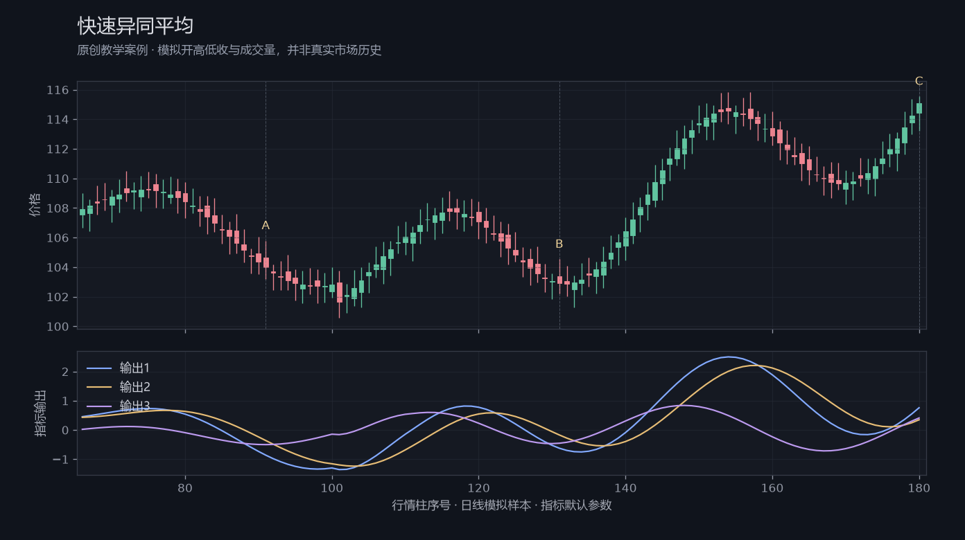快速异同平均原创模拟行情图，标出甲乙丙观察位置、价格与指标输出
